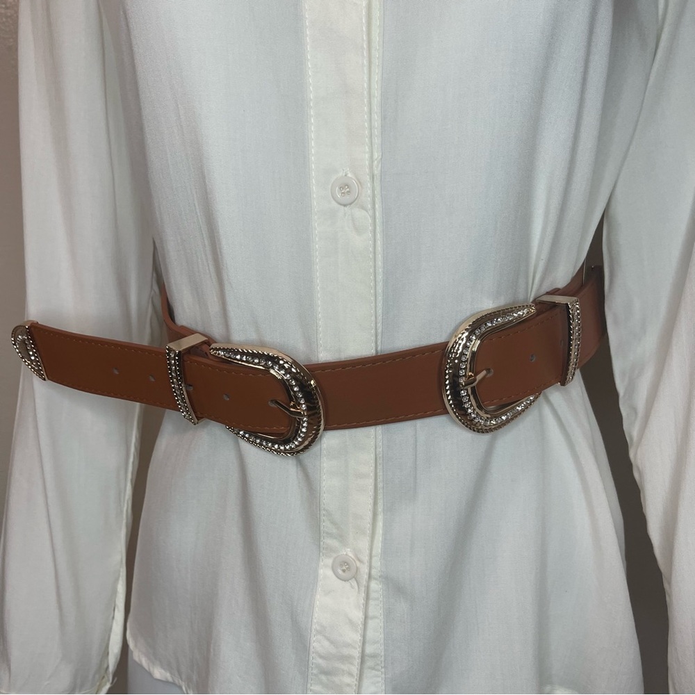 Brown PU leather double buckle with rhinestone details skinny belt